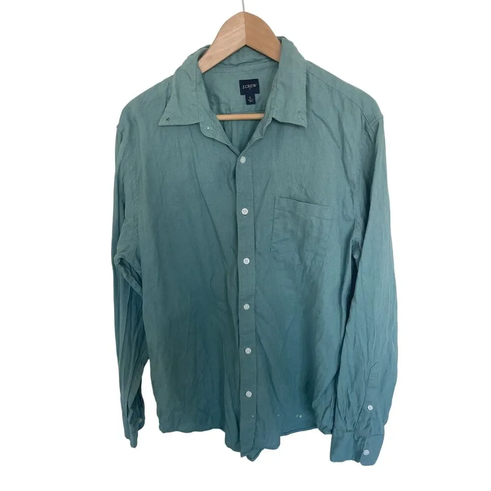 J.Crew Mens Linen Button Down Sz L Coastal Preppy Nautical Lightweight Casual